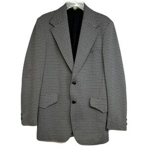 Vintage Mens Blazer Jacket Size‎ 40L Two Button Cotton Diamond Print Black White